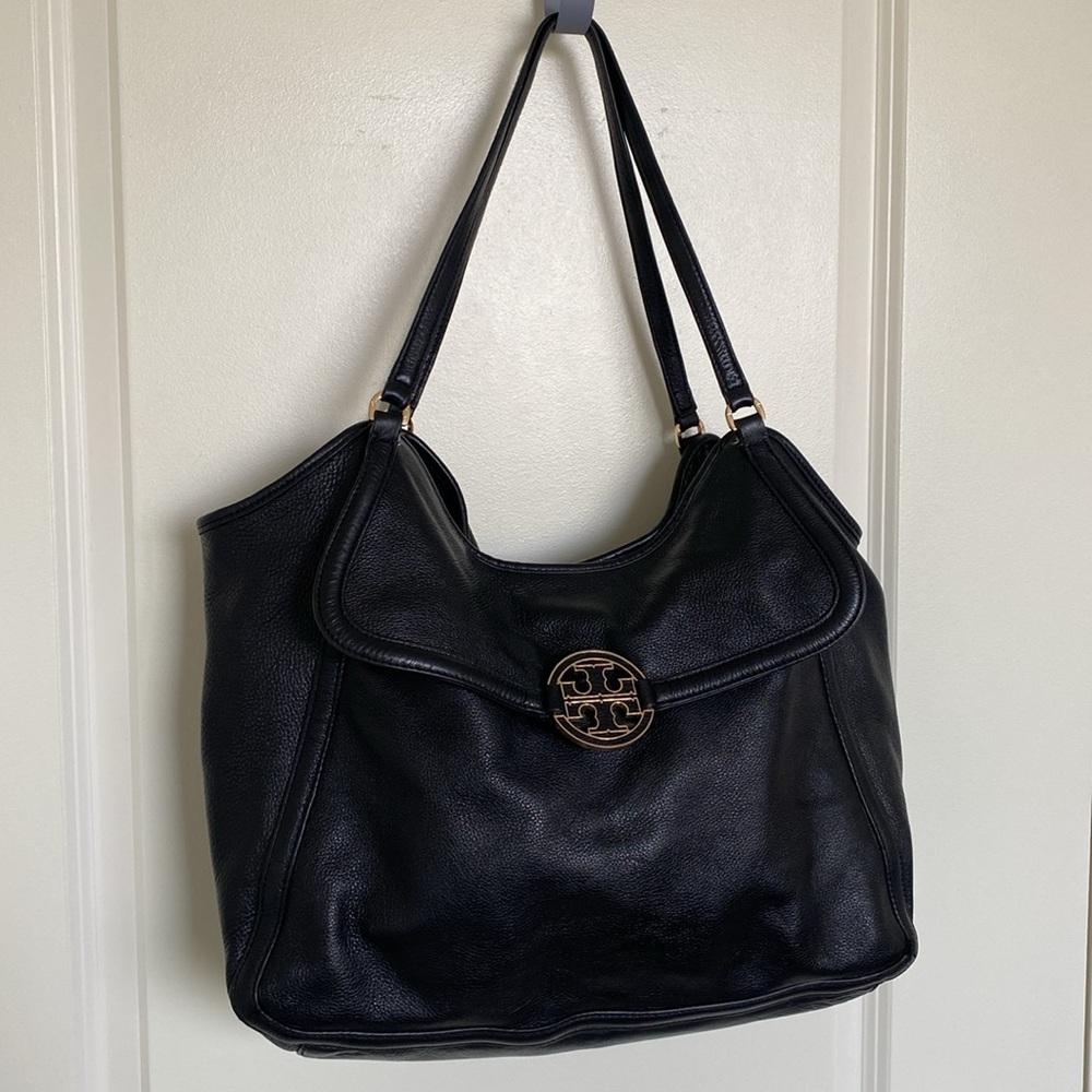 Tory Burch Amanda Peddled Leather Hobo Large Tote Handbag Satchel Black Gold